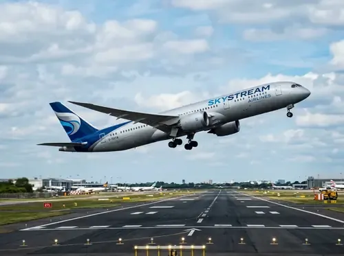 Airplane taking off gracefully from airport runway