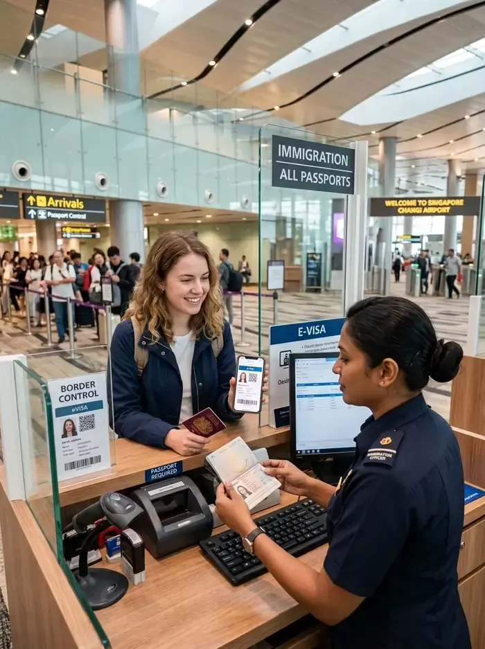 Woman showing eVisa to immigration officer at airport checkpoint