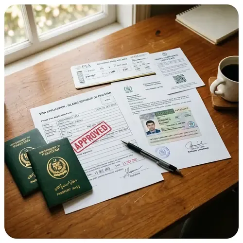 Pakistani passports with approved visa application documents on wooden table